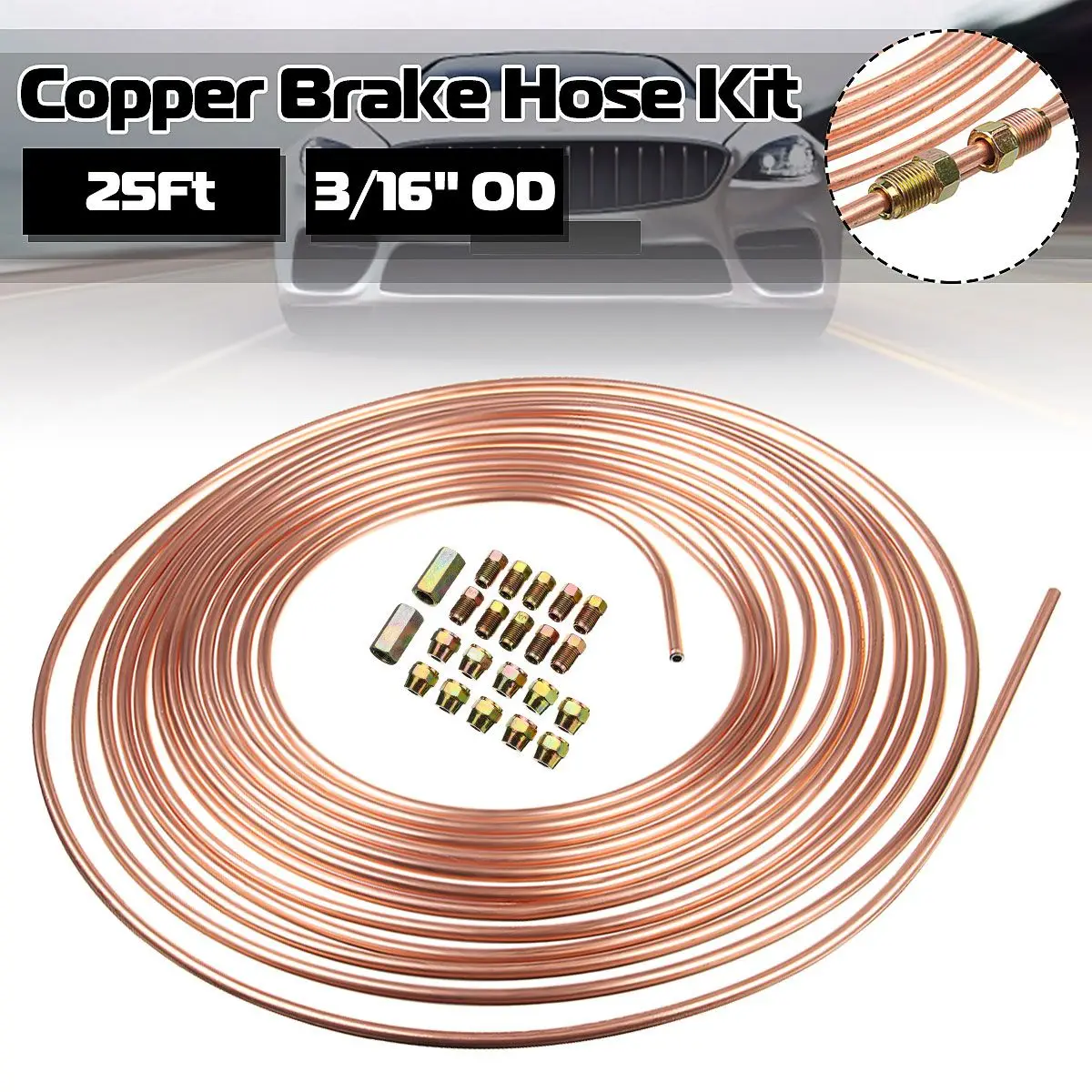 

25 футов 7,62 м рулон трубной катушки 3/16 "OD медный никель тормозной трубы шланг трубопровод, труба антикоррозийная с 20 гаек 2 соединителя