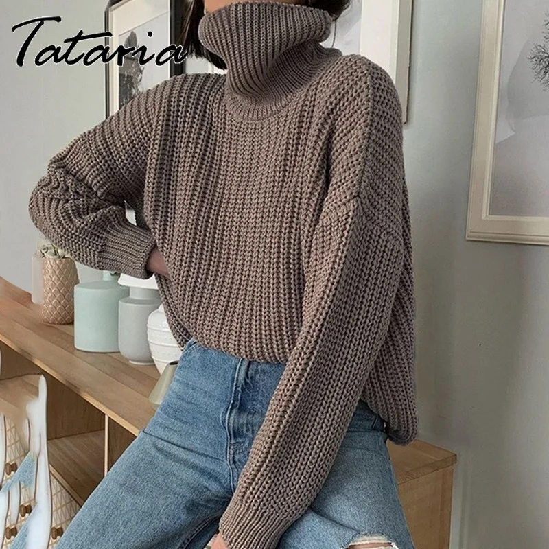 

Harajuku, осенние свитера для женщин, однотонные мягкие Повседневные вязаные свитера с высоким воротом, женские вязаные свитера с длинным рукав...