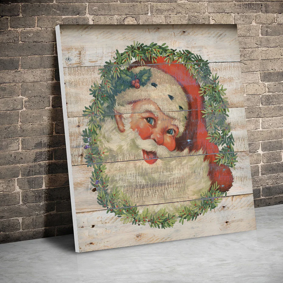 

Framed Vintage Santa Wreath Christmas Posters Canvas Paintings Wall Art Canvas Prints Pictures Kids Room Home Wood Inner Frame