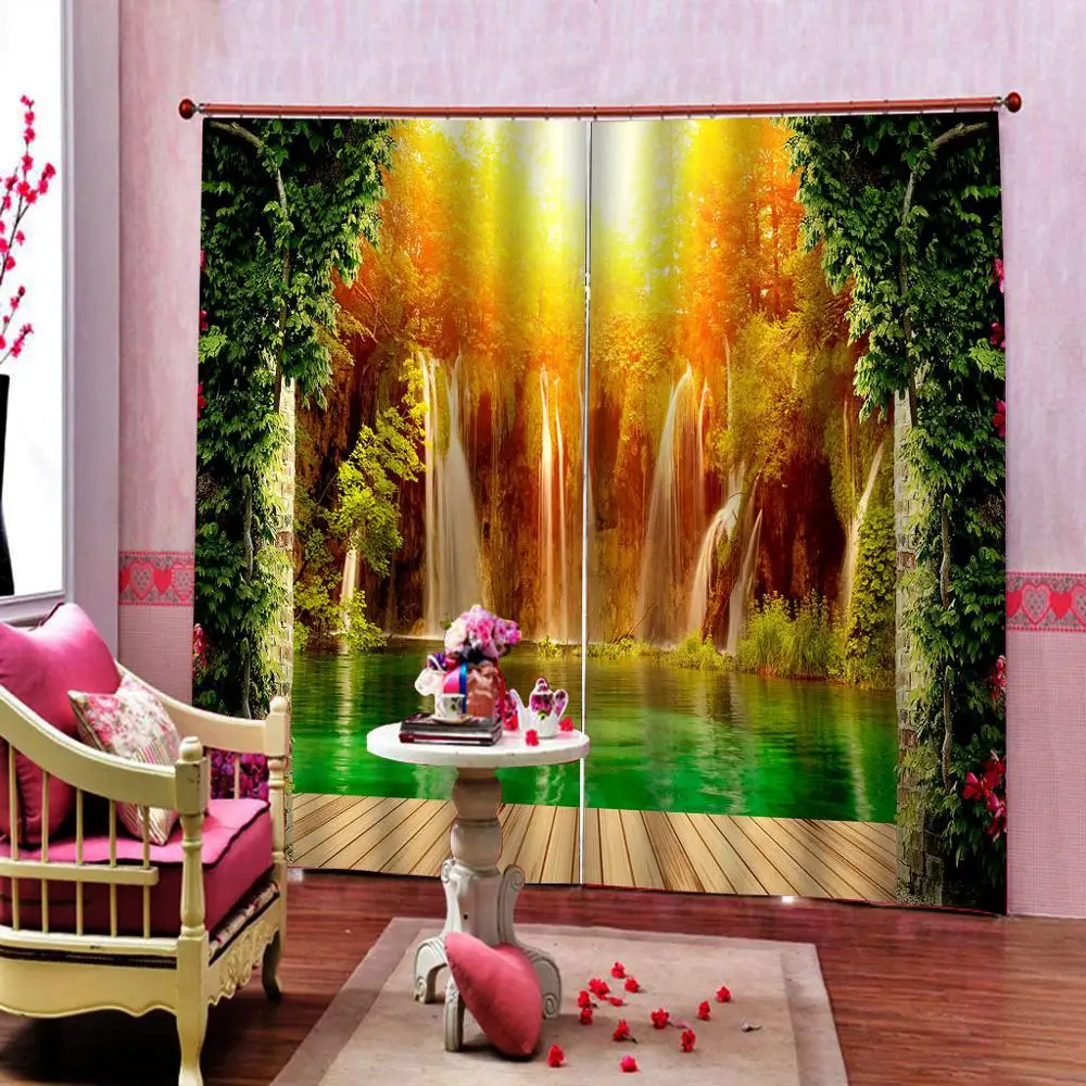 

Customized 3D Blackout Curtain Summer Waterfall in Forest Woodland Nature Jungle Scenery Window Drapes Home Decor