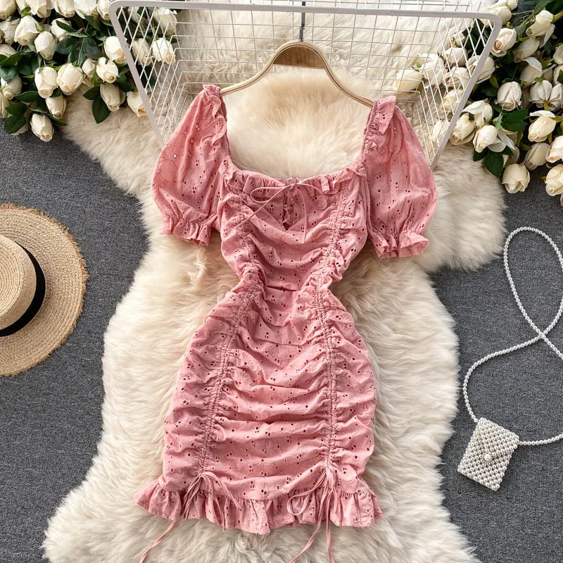 

Sweet Korean Pleated Dress Women Summer Dress Vintage Puff Sleeve Hollow Short Dresses Ladies Elegant Bodycon Dress Vestidos