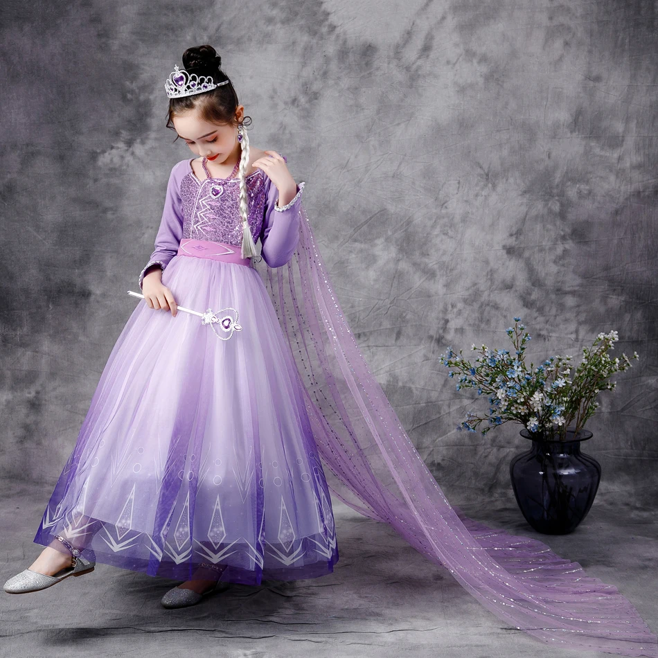 Frozen Elsa Dress Snow Queen 2 Girls Princess Dress Purple Long Sleeve Christmas Carnival Kids Cosplay Costume Wedding Dress