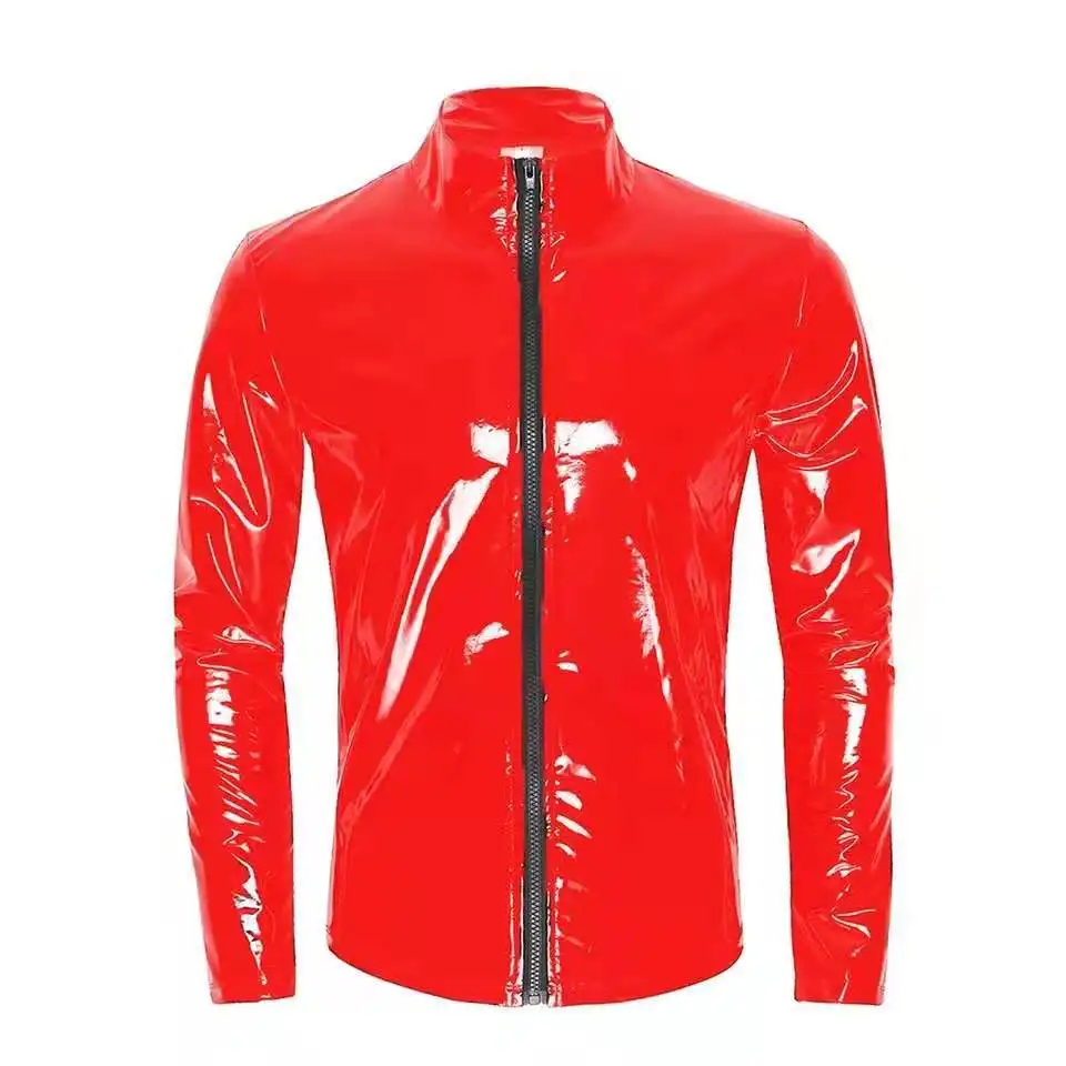 

LY S-7XL Plus Size Mens Sexy Shiny Wetlook Leather Shirt Erotic Shaping Sheath Casual Coat Male Glossy PVC Leather Jacket Tops