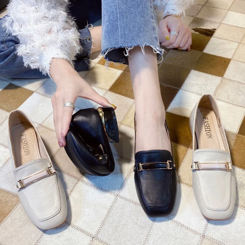 

Elegant Women Pumps Metal Buckle Loafers Fashion Square Head Ladies Shoes Comfortable PU Slip-on Low Heel Women Office Shoes