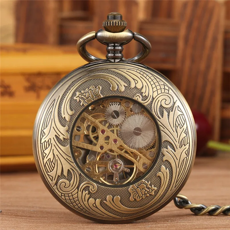 Retro Pocket Watch Hollow Out Rudder Men Women Skeleton Hand Wind Mechanical Watches with Fob Pendant Chain Roman Numeral Dial