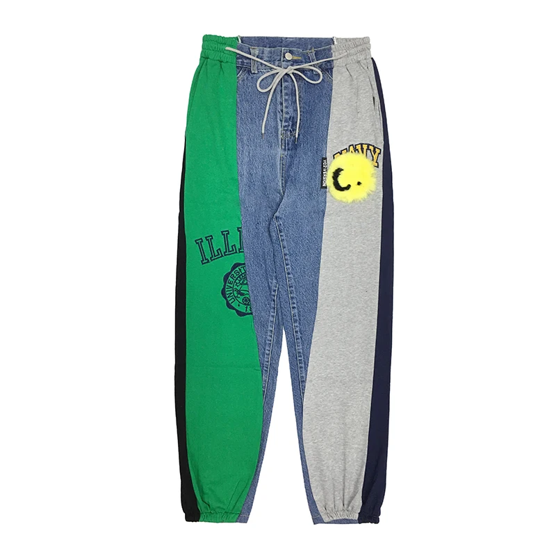 High waist Straight Pants Women Embroidered Plush smiley patch Fashion Denim Spliced Sweatpants Casual Joggers Long Trousers