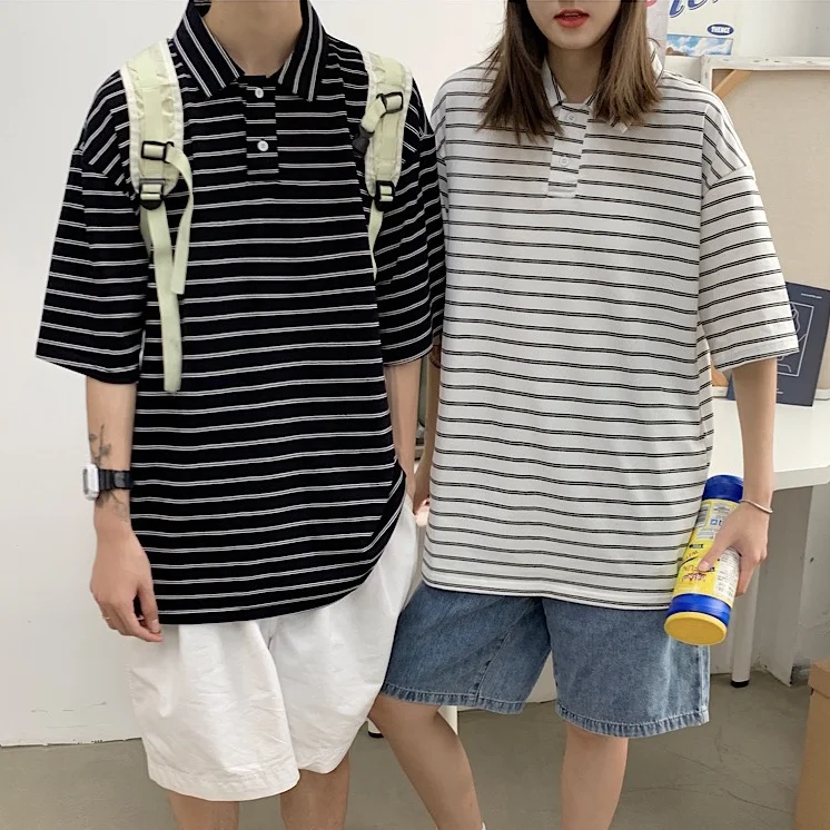 

Striped T-shirts for Men Casual Loose Lapel Short Sleeve T Shirt Couple Clothing Fashion Streetwear Oversize Male Pullover Tops