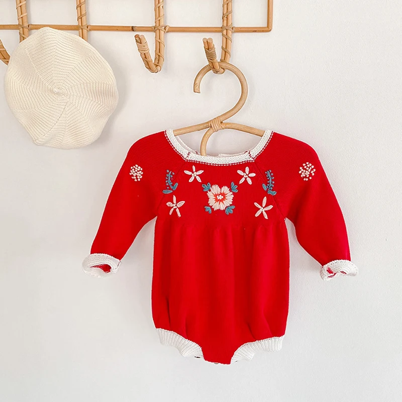 

Baby Knit Bodysuits Baby Long Sleeve Jumpsuit Hand Embroidery Flower Baby Girls Clothing Infant Spring Autumn Clothing Outfit