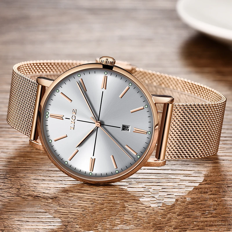 2019 LIGE новинка розовое золото женские часы Бизнес Кварцевые для девушек Топ бренд