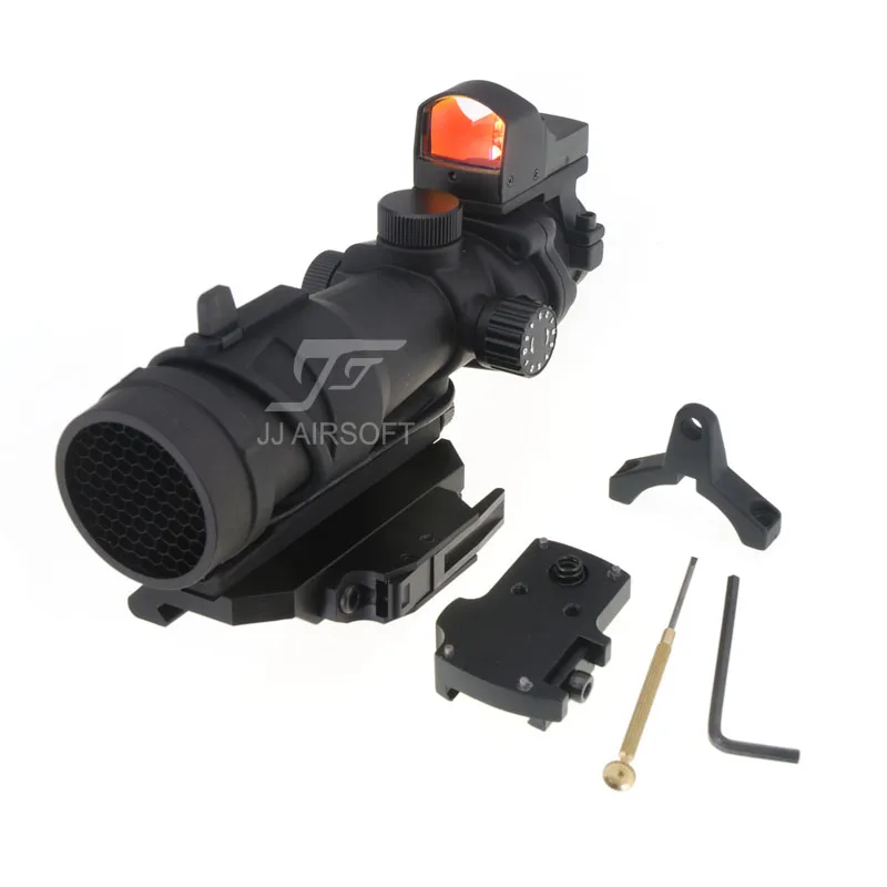 

JJ Airsoft ACOG Style 4x32 Scope Red/Green Reticle/Illumination with Mini Red Dot and Killflash,obro Style QD Mount (Black/Tan)