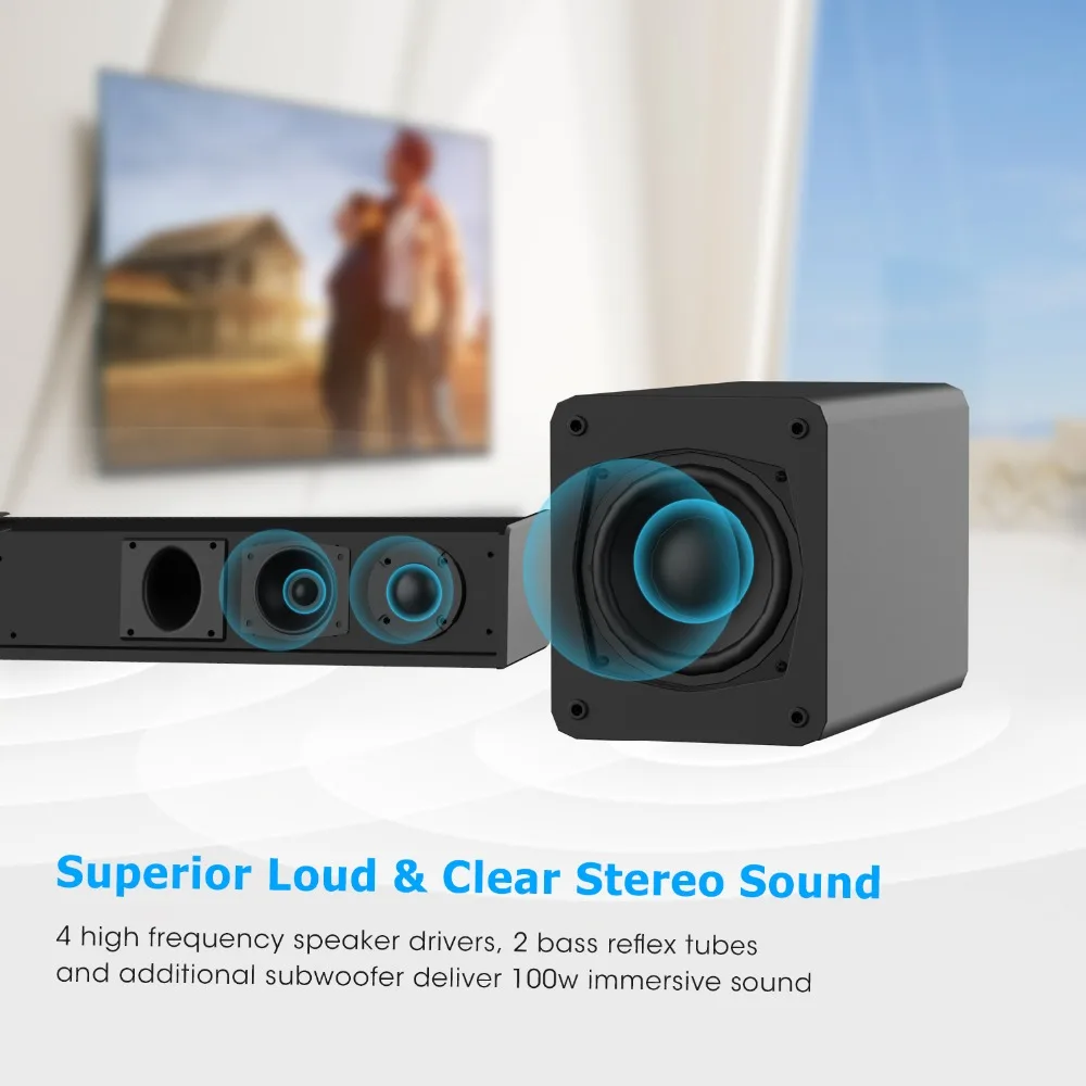 100 Вт ТВ Саундбар 2 1 Bluetooth динамик 5 0 Система домашнего кинотеатра 3D объемный> 80 дБ