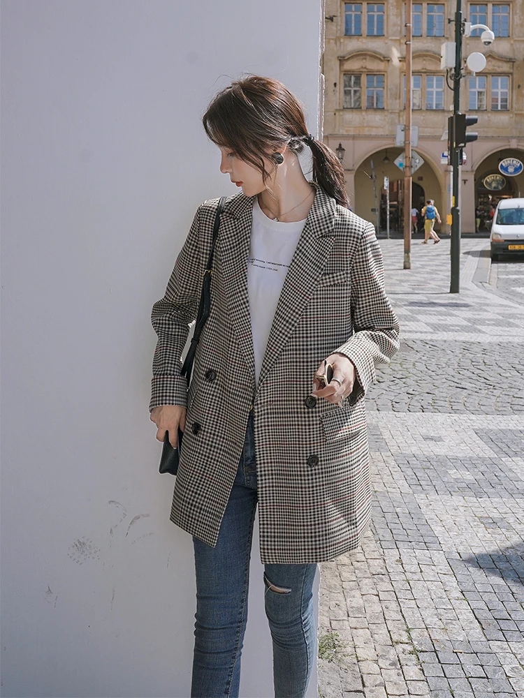 

2021 Spring Elegant OL Series Women Blazer Feminino Coat Double Breasted Lapel Brown Plaid Jacket Office Femme Korean Clothing