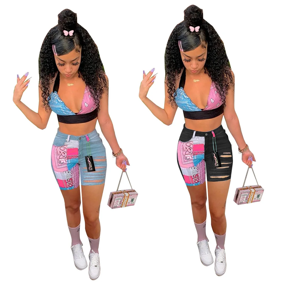 

Bandana Print Patchwork Jeans Woman High Waist Distressed Shorts Street Wear Denim Trousers Outfits Summer Plus Size Trousers
