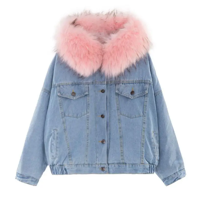 

New Women Winter Hooded Coat Warm Velvet Thick Denim Jacket Female Big Fur Collar Lamb Coat Ladies Jeans Denim Top Windbreaker