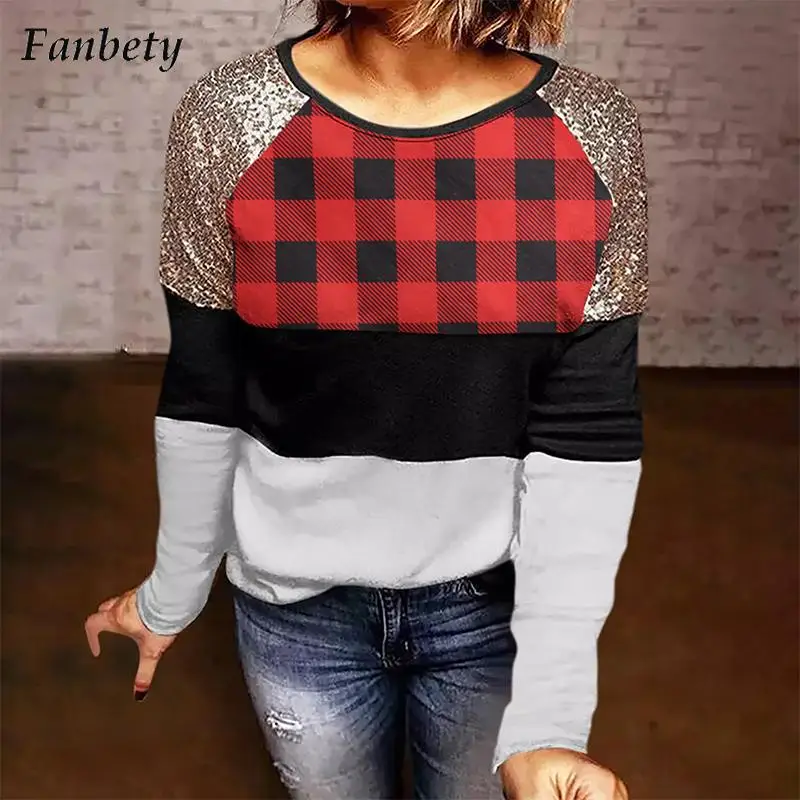 

Женская винтажная блузка с принтом и пайетками, повседневный пуловер с длинным рукавом и круглым вырезом, топы на весну и осень, 2022