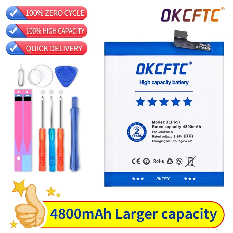 

Original Phone Battery for Oneplus 6 1+6 BLP657 4800mAh High Capacity One Plus Phone Batteries Free Tools Phone AKKU