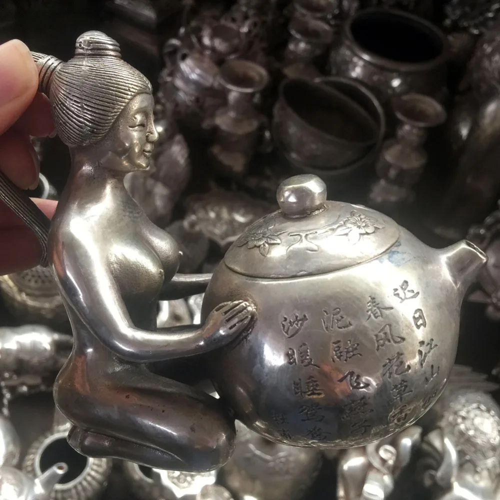 

Rare old antique tibet silver Naked woman statue FLOWER teapot shipping free