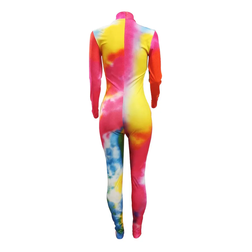 

Rainbow Tie Dye Slim Rompers Womens Jumpsuit Mock Neck Long Sleeve Hollow Hole Bodysuit Autumn 2021 Skinny One Piece Club Outfit