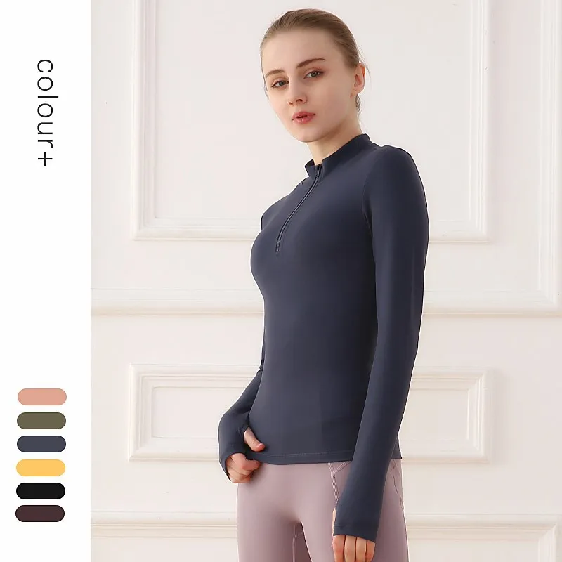 

Sports Top Pullover 1/2 Zip Moisture Wicking Lightweight Women Gym Clothes Solid Color Bodybuilding Plain Slimming Yoga Shirt