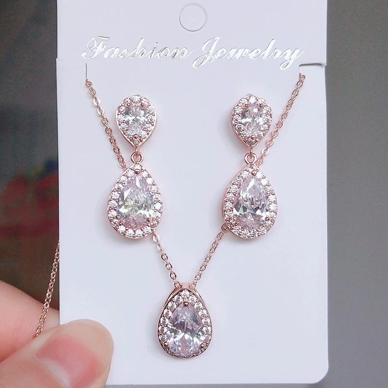 Rose Gold set 7 ZAKOL нигерийские Ювелирные наборы в виде белых капель воды модные каплевидные кубические циркония ювелирные изделия для женщин подружек невесты Помолвочные FSSP267 - Окраска металла: Rose Gold set 7