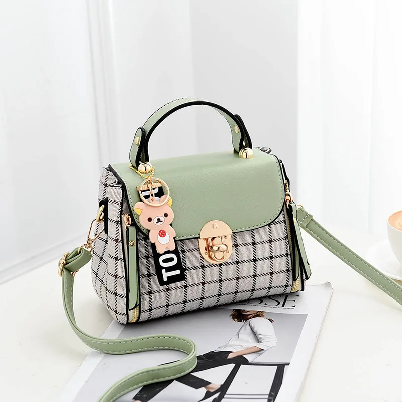 

2020 Women Handbag Grid Female Shoulder Bags Cartoon Decoration PU Tote Plaid Girls' Gift Purse Handbag for Women Designer Bags