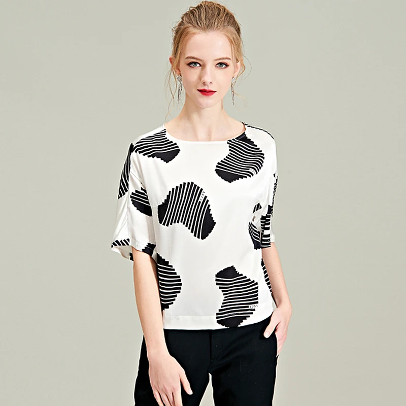 Блузка женская рубашка 93% шелк размера плюс с принтом Простой Дизайн О образный