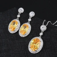funmode 2pcs luxury yellow oval cz pendant necklace earring jewelry sets for women party gifts bizuteria damska wholesale fs41