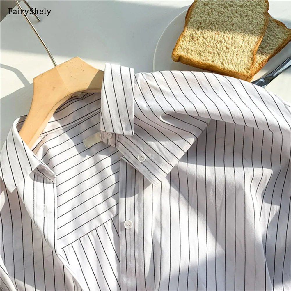 

FairyShely 2021 Spring Summer Women's Long Sleeve Shirt Korean Casual Striped Top Female Office Plus Size Loose Cardigan 2XL