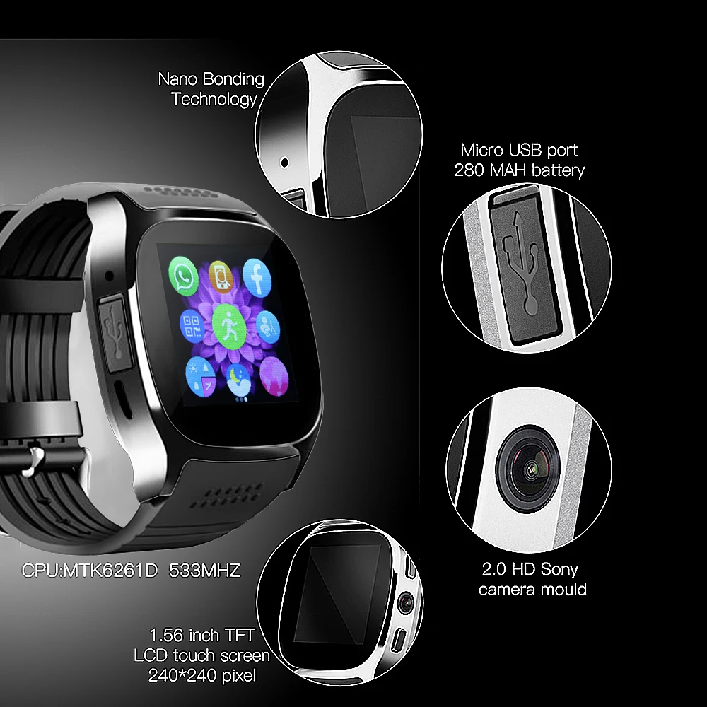 Умные часы Cool T8 Sport Bluetooth с поддержкой SIM карты TFcard 2.0MP Camery носимые устройства