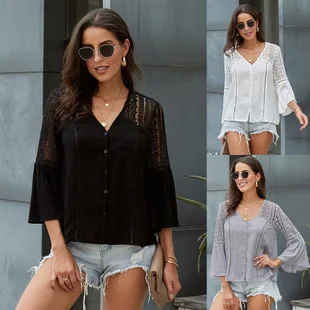 

Summer dress new European and American bohemian short-sleeved t-shirt women loose embroidered deep V-neck short-sleeved top