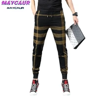 mens khaki skinny pants korean fashion color matching printed pattern casual sports pants brown pants plaid pants streetwear