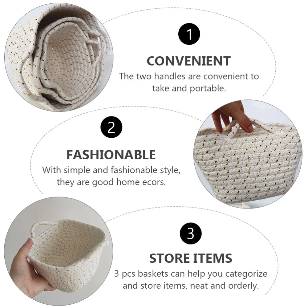 

1 Set 3 Pcs Hand-sewn Cotton Rope Storage Baskets Woven Storage Baskets (White)