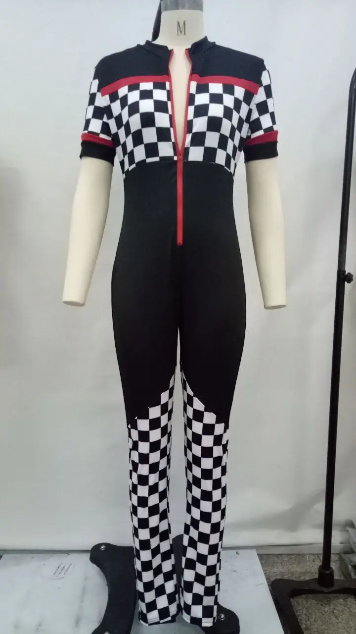 Женский клетчатый комбинезон Adogirl сексуальный Облегающий на молнии с V образным