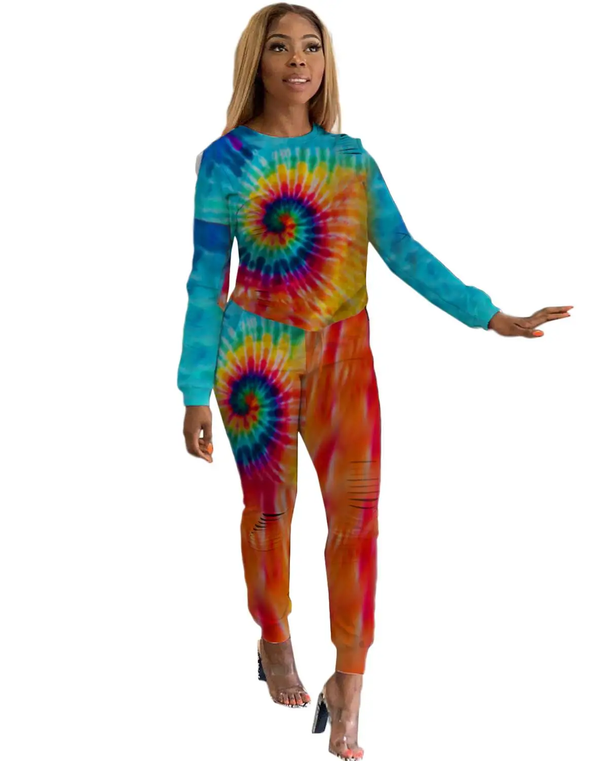 

Autumn New Fashion Tie Dyed Print Women Set Long Sleeve Hoodies Top And Pants Suit Two Piece Outfits