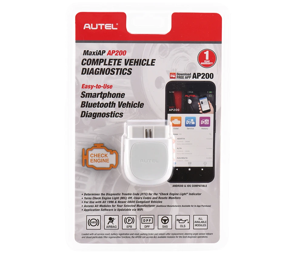 Autel AP200 OBD2 Scanner Bluetooth-compatible TPMS Code Reader Full System Diagnostic Automotive Scan Tool More Service Function |