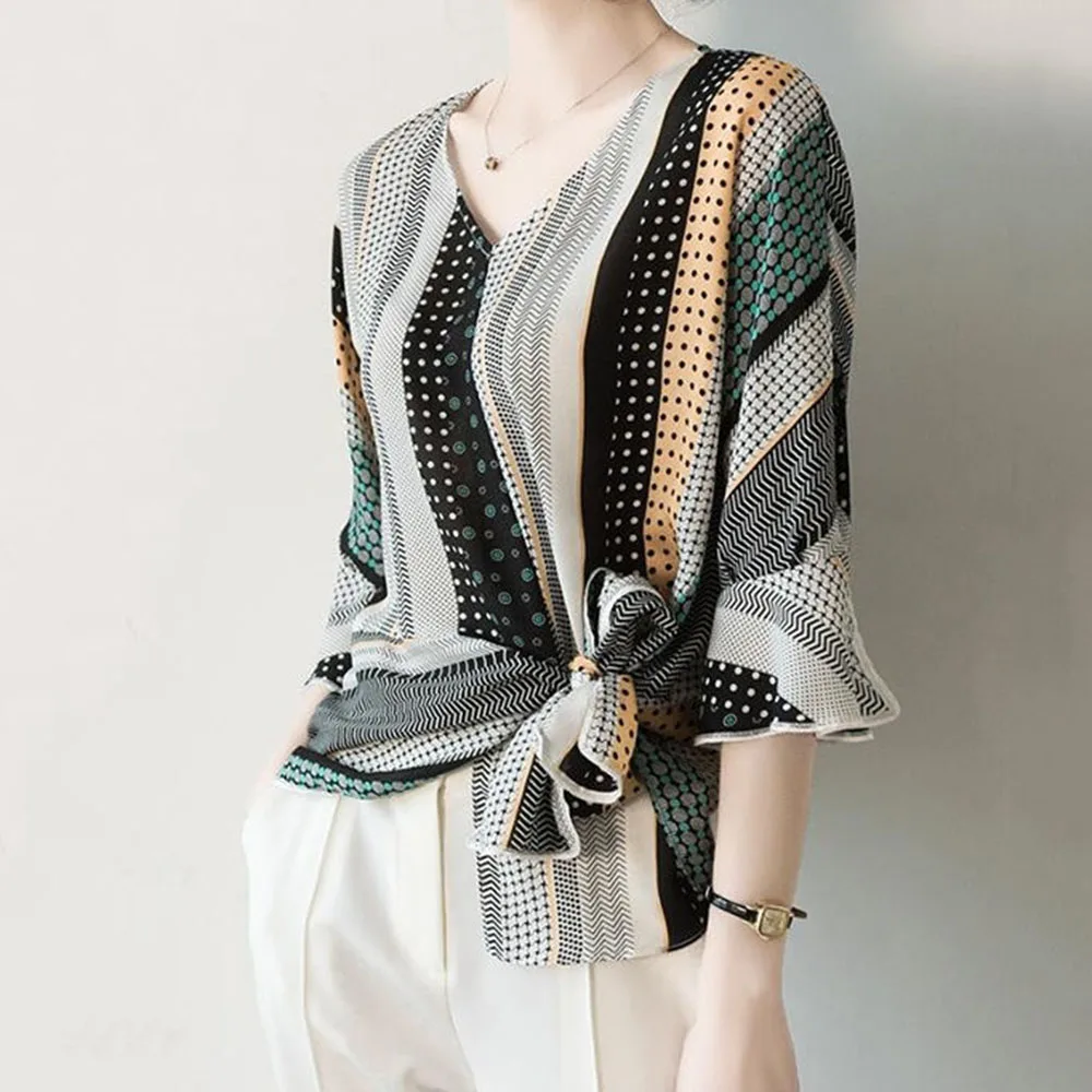 Винтажные топы и блузки с принтом корейские шикарные офисные дамские 2020 Летние