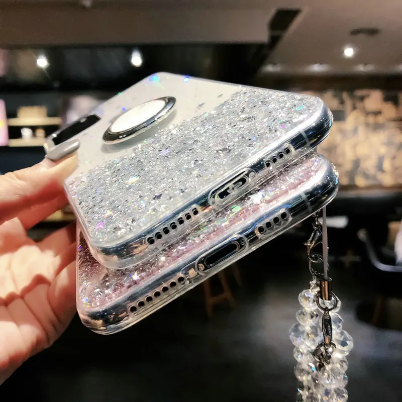 

Glitter Bling Stars Transparent Cases For iPhone 12 mini 11 pro max X XR XS MAX 7 8 6 6s plus SE 2020 Bracket Lanyard Cover Caqa