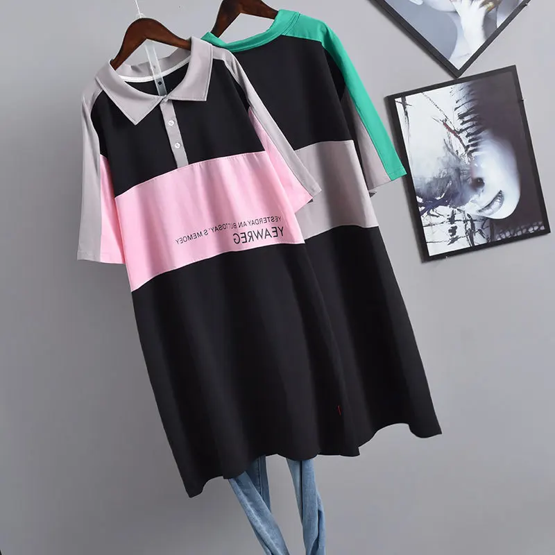2021 Summer New Korean Women Plus Size Loose Slim Short Sleeved T-shirt Dress Casual Contrast Color Cotton Free Shipping | Женская