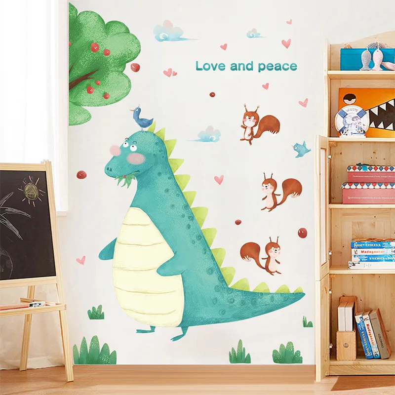 

Cartoon Character Harmonious Forest Dinosaur Squirrel Playing Children's Room Door Porch Decoration Background Wall Stickers