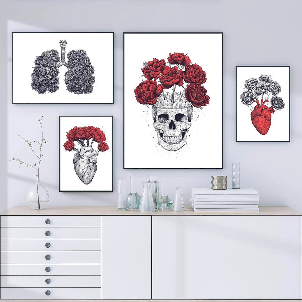 

Floral Anatomy Art Poster Cactus Heart Peonies Lung Skull Canvas Print Painting Retro Abstract Organ Hospital Wall Picture Decor