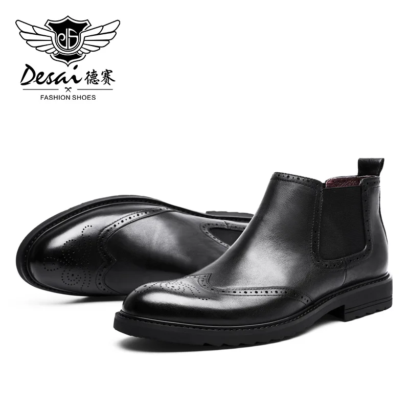 Мужские ботинки из натуральной кожи Desai черные короткие с острым носком в