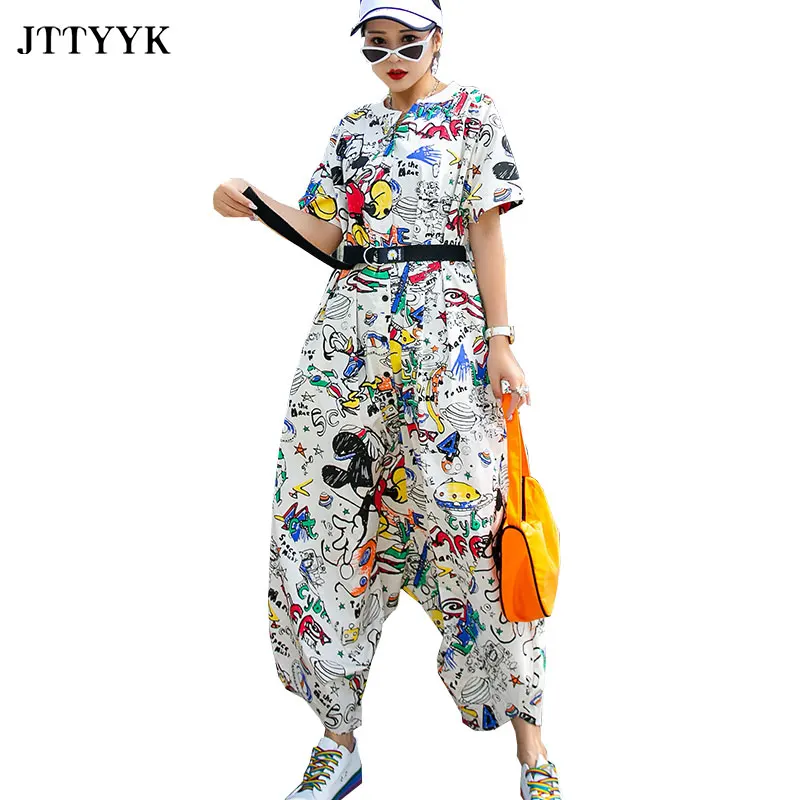 

Summer Print Jumpsuit Women Plus size Harem Pants Fashion Hip Hop streetwear Jumpsuits Overalls Women Short sleeve Loose Rompers