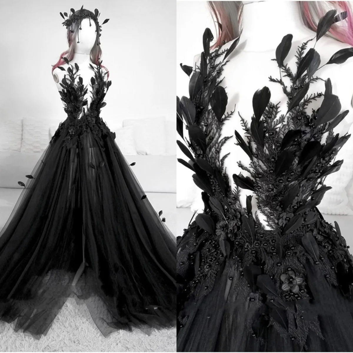 

Классические черные свадебные платья трапециевидной формы для женщин, сексуальное женское платье с аппликацией в виде перьев