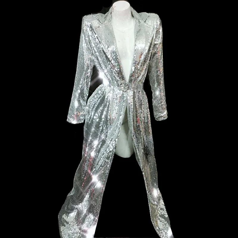 

2019 Fashion Women Sparkly Sequins Coat Female Singer DJ Stage Show Silver Jacket Cloak Open Stitch Ds Performance Costume