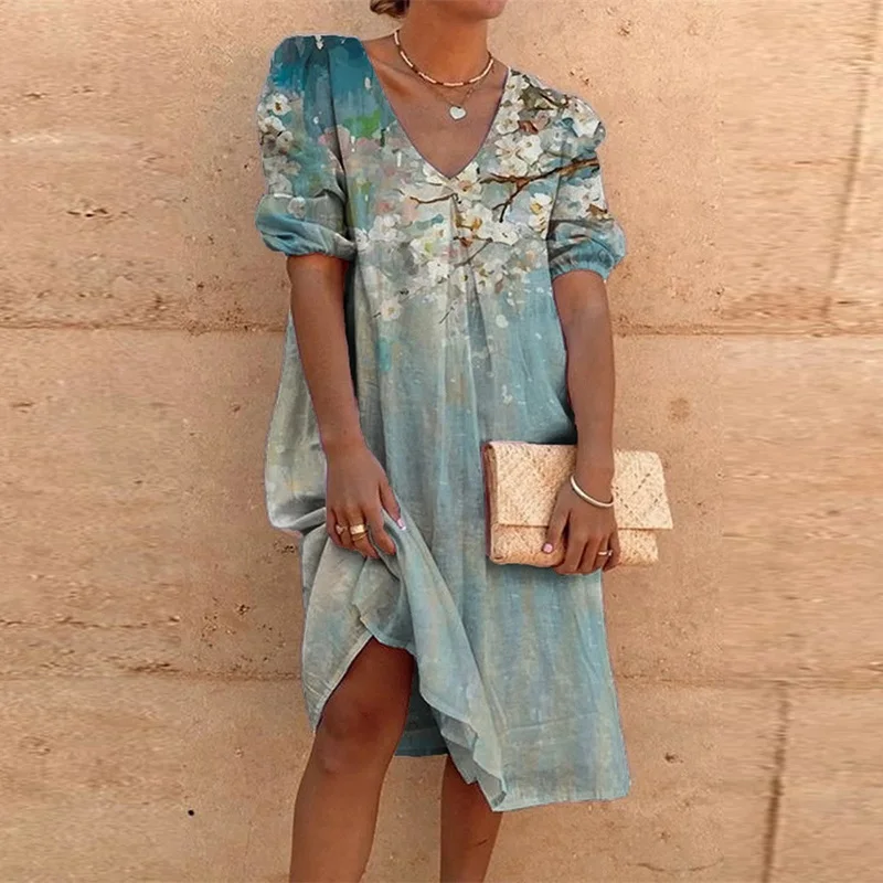 

Vintage V Neck Floral Print Dresses Women Spring Elegant Office Lady A-Line Dress Summer Short Sleeve Loose Beach Dress Vestdios