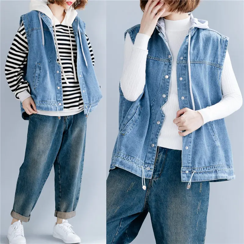 

Fashion Loose Large Size Women's Casual Denim Vest Jacket Korean Spring Autumn Hooded Sleeveless Jeans Coat Female aq084