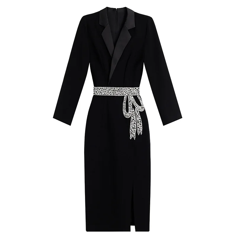 

Noble Grace Temperament Dress Autumn 2021 The New Suit Collar Nail Drill Long Sleeve Inside