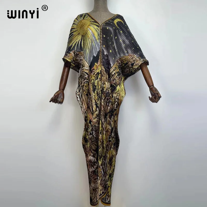 

WINYI plissado mulher vestido hit V colarinho batwing manga longa solta bezerro vestidos de comprimento longo estilo casual 2021