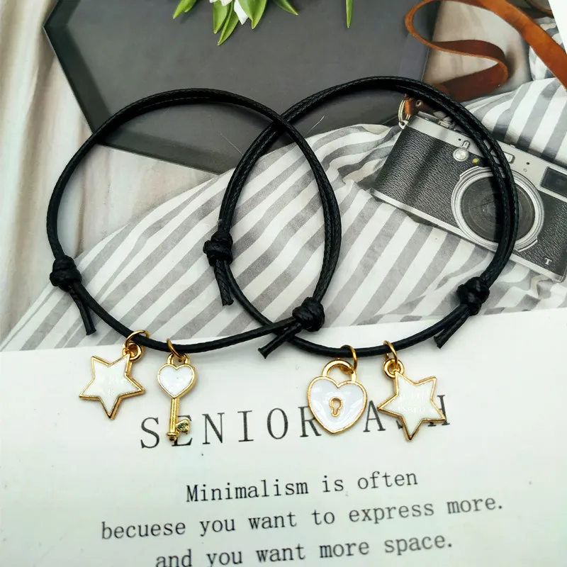 2 шт. новый браслет для друга счастливая веревка брелок Locky Key черно-белая звезда