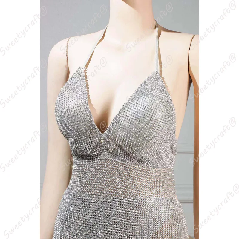 Металлическая сетчатая ткань с серебряными стразами 45*120 см блестящая